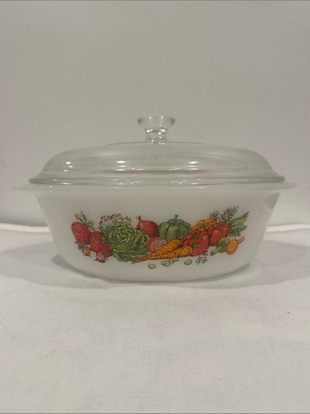 Vintage Glasbake Milk Glass Casserole Dish with Lid and Vegetable Design (V3200)